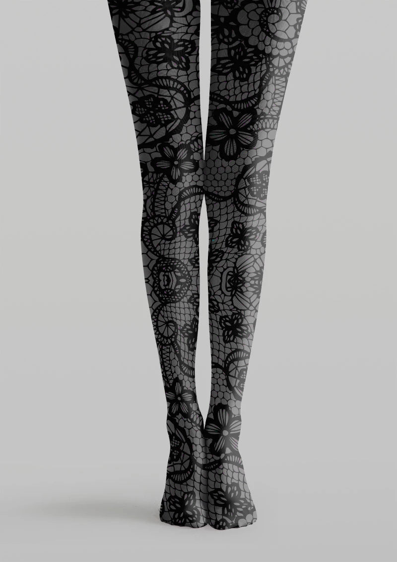 Noir Lace Bloom Tights - Floral Print Pantyhose | Viken Plan