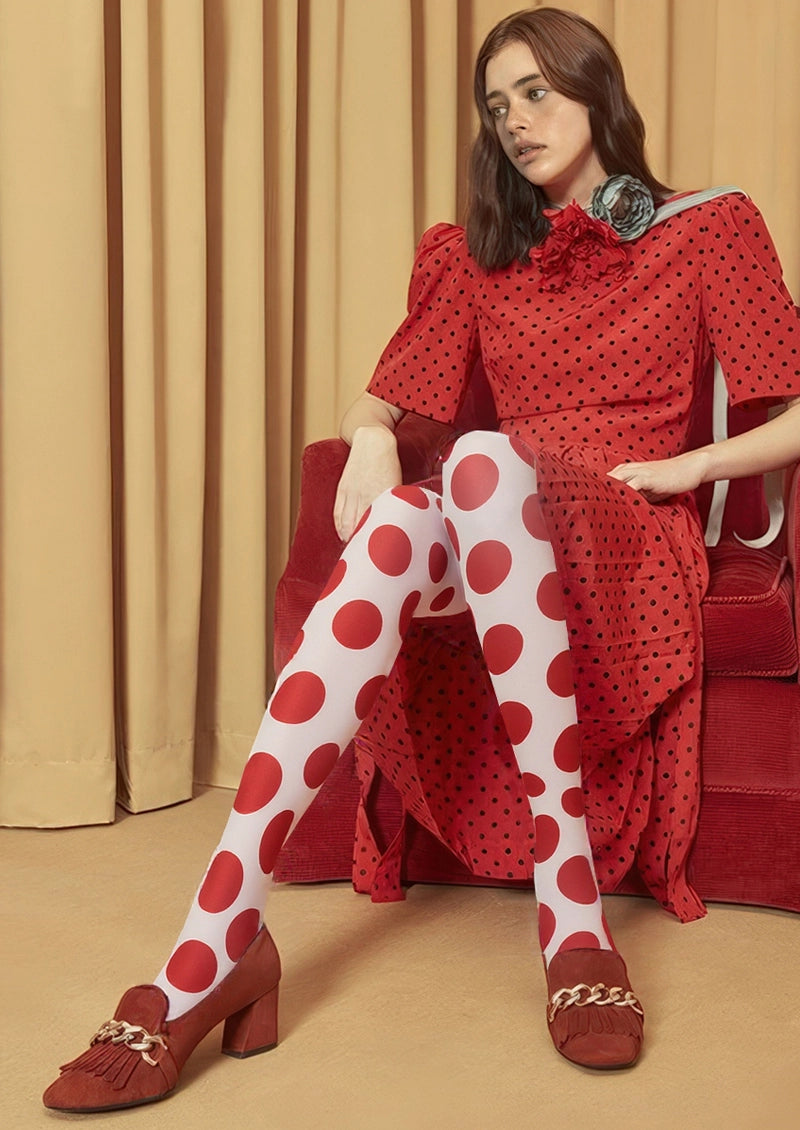 red dress with red tights Red Polka Dot Tights – Playful & Retro Pantyhose