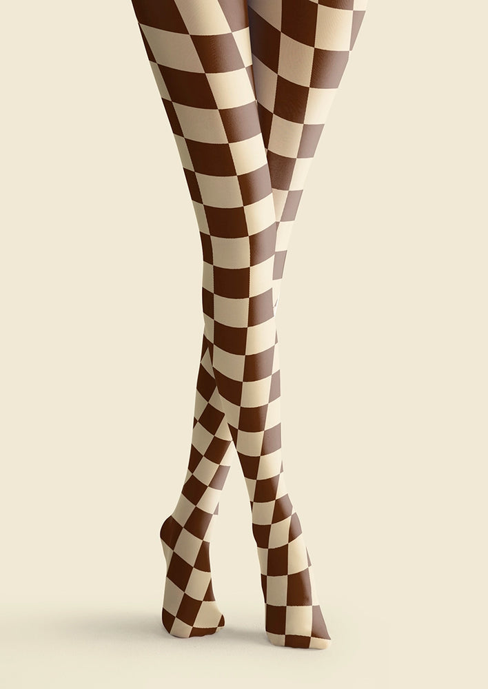 Brown-pale yellow checkered Tights – Color Block Pop Art Pantyhose ...