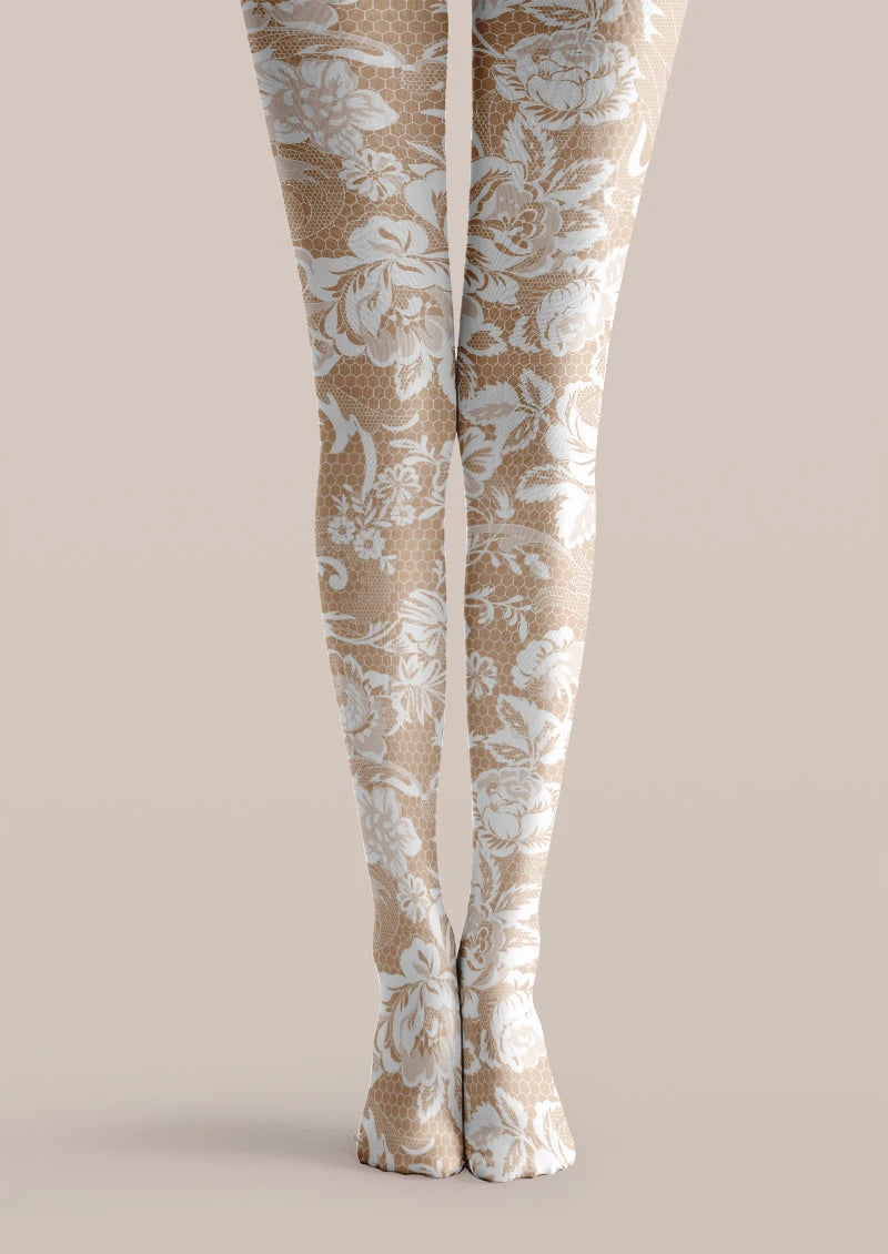 Viken Plan White Lace Floral Print Tights Hosiery Pantyhose
