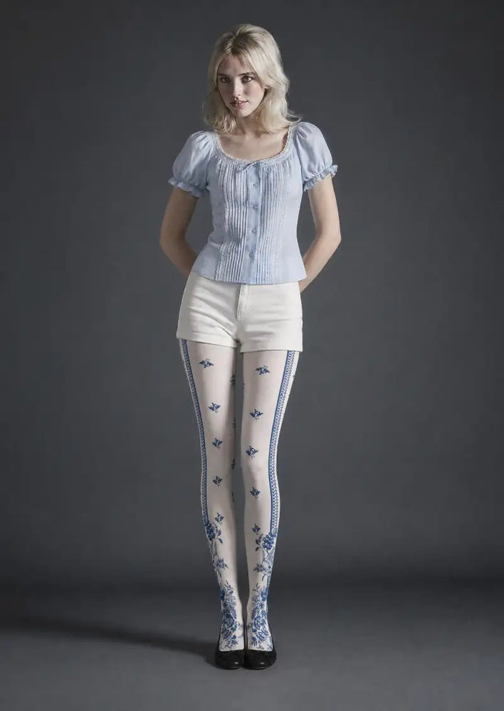Blue Cherry Blossom Floral Tights - Elegant Floral Pattern Pantyhose ...