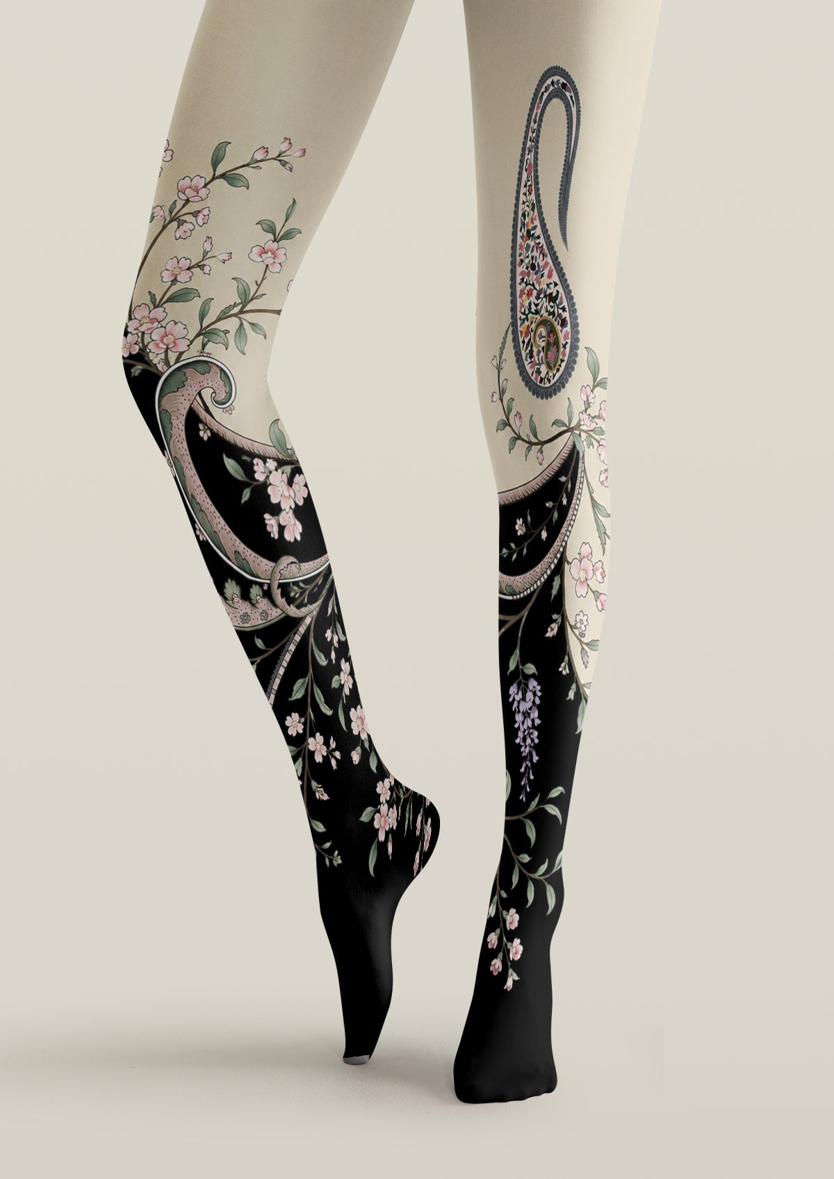 Viken Plan Cream Black Gradient Paisley Floral Tights Hosiery Pantyhose